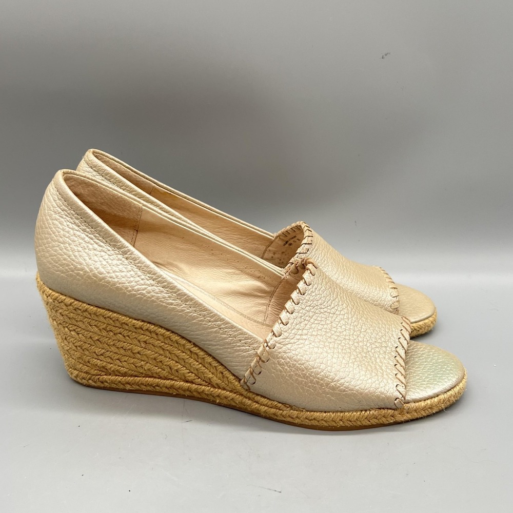 Jack Rogers Sandals Womens 9 Gold Leather Palmer Espadrille Peep Toe Wedge Shoes